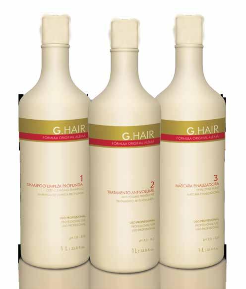 G.Hair Kit composto por 3 passos: Shampoo Limpeza Profunda - G.HAIR - STEP 1 Com ph equilibrado, óleo de gérmen de trigo e queratina.
