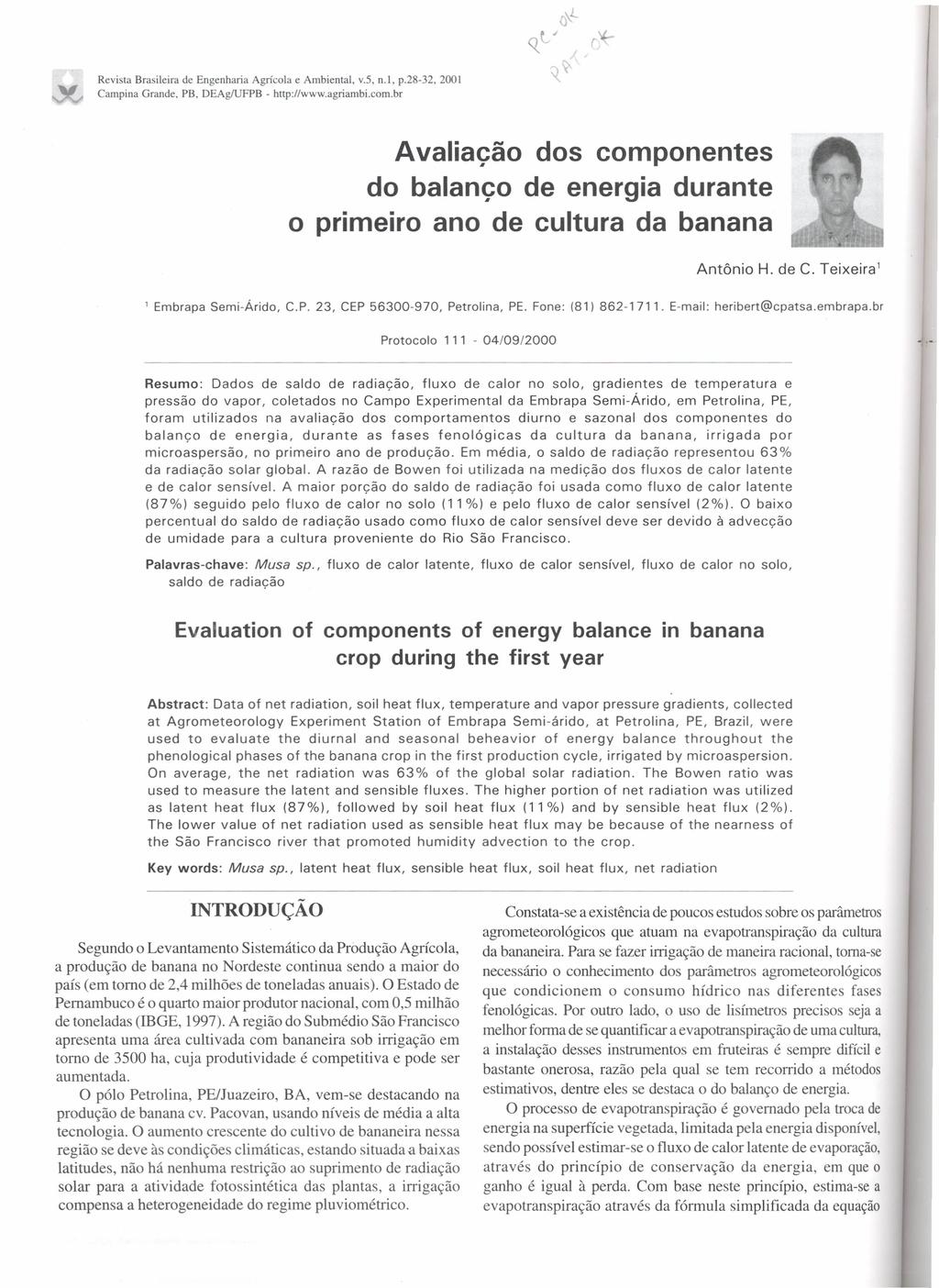 Revista Brasileira de Engenharia Agrícola e Ambiental, v.5, n.l, p.28-32, 200 I Campina Grande, PB, DEAglUFPB - http://www.agriambi.com.