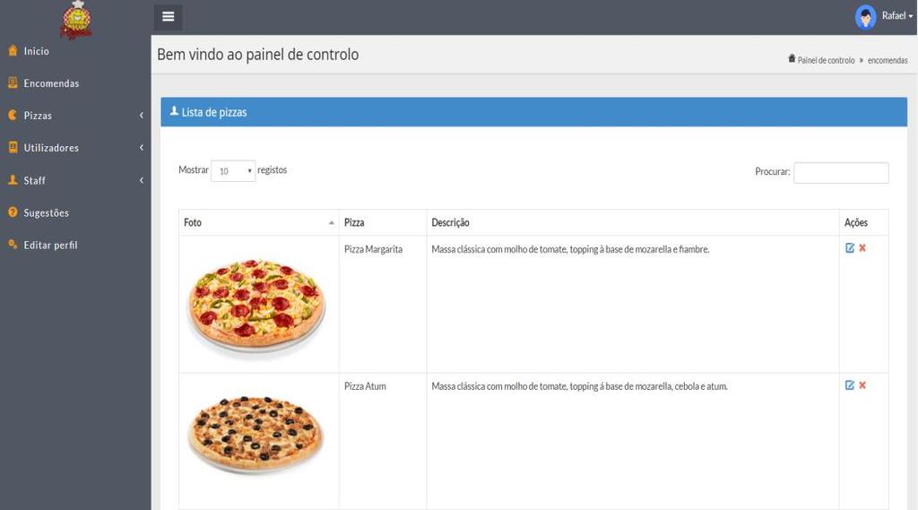 Lista de Pizzas Nesta página o administrador observa a foto, o nome e a descrição que é o resultado de uma pesquisa à base de dados.