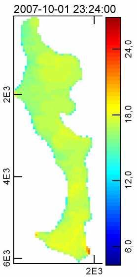 Figura 34. Temperatura da água no reservatório no dia 01/10 às 23:24 horas na simulação Primavera-X. As populações fotossintéticas apresentaram crescimento, mais significativo em clorofíceas.