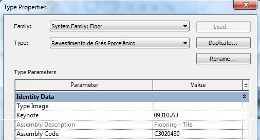 Figura 4.17 - Interface de uma das soluções de pavimento com os códigos Uniformat e Masterformat 4.2.