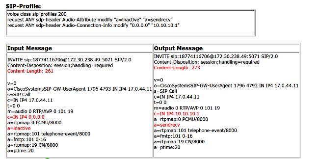 voice class sip-profiles 200 request ANY sdp-header Audio-Attribute modify "a=inactive" "a=sendrecv" request ANY sdp-header