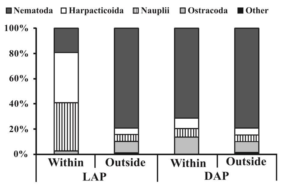 25 Figure 3 Relative composition (%) of the main meiofaunal groups in relation to presence of algae (within and outside the algal patches) and physiological stage (LAP Live algal patches and DAP