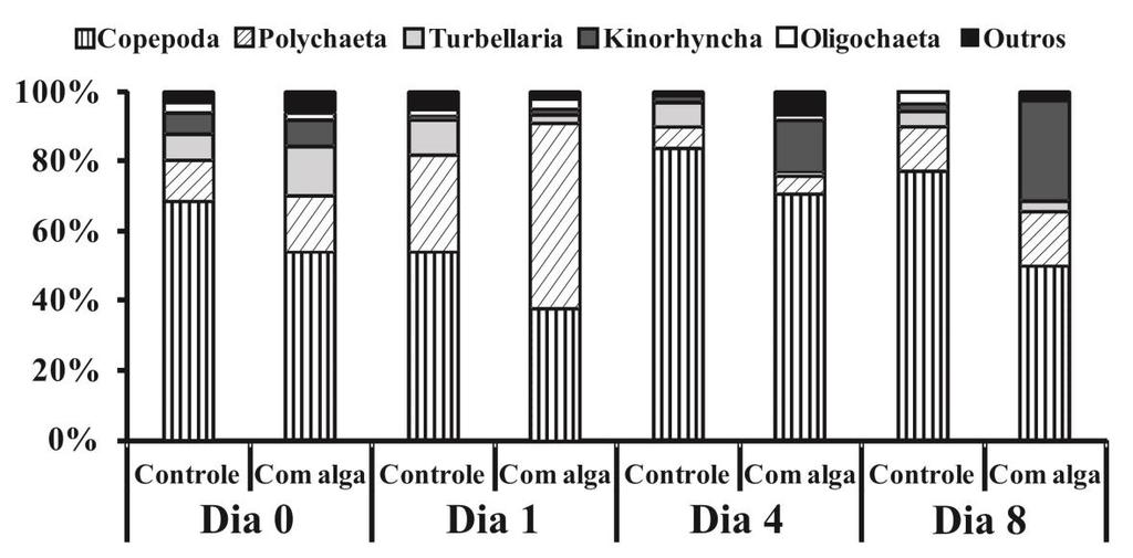 47 Figura 4 Composição relativa (%) dos grupos da meiofauna nos tratamentos controle e com tapete de algas no dia 0 (controle de campo) e ao longo dos dias 1, 4 e 8 (laboratório).