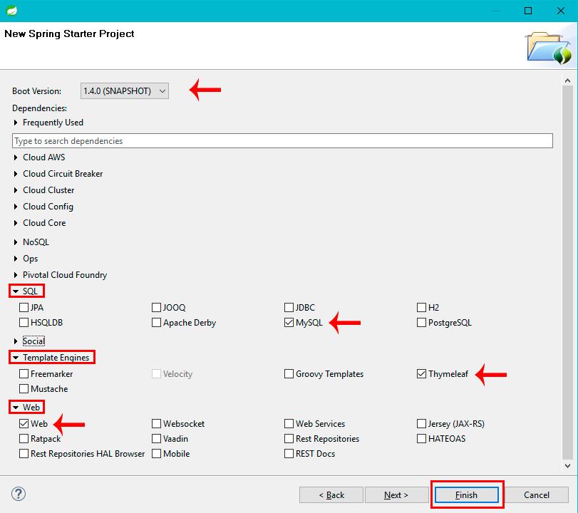 2. Configurando Projeto para usar Thymeleaf, MySQL e Web. 2.1 Escolher Boot Version: 1.4.0 SNAPSHOT 2.