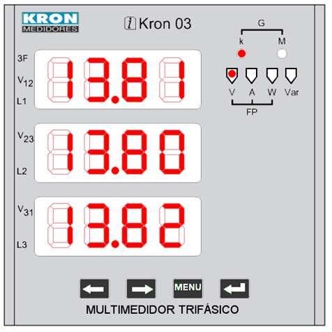 A interface homem-máquina (IHM) do IKron 03 possui: Três linhas com 4 dígitos de LED (7 segmentos de alto brilho), para visualização das grandezas medidas; Quatro teclas,, e MENU para navegação e