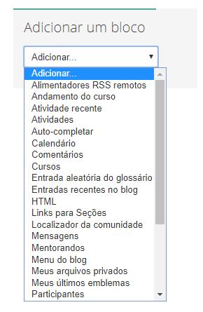 Figura 22 - Opções para adicionar blocos CALENDÁRIO O calendário apresenta a agenda da disciplina/curso, por exemplo: sessões de Chat, data de algum evento, etc.