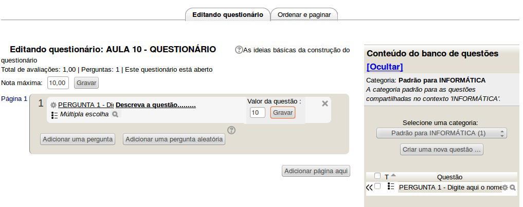 acrescentar as questões criadas.