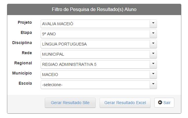 Divulgação de Resultados Após inserir Usuário e Senha, visualize o Filtro de Pesquisa de Resultado(s) Aluno.