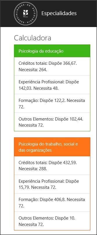 3º Ecrã Calculadora (s) Poderá verificar os créditos reunidos em cada especialidade ou especialidade avançada na(s) calculadora(s) disponíveis na lateral esquerda.