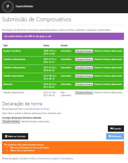 5º Ecrã Submissão de Comprovativos No quinto ecrã, deverá realizar a submissão de comprovativos.