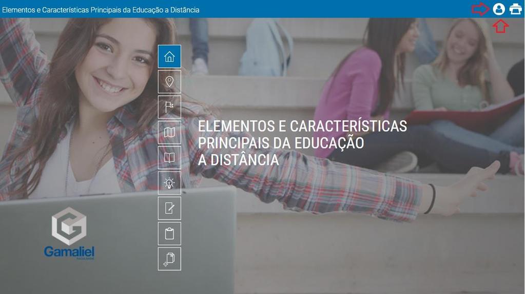 18 6.2 Central do aluno No canto superior direito, temos dois botões de opções. Um boneco, e uma impressora.