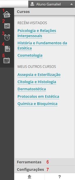 7 3.1 Barra de interação Na barra de interação encontramos mais algumas ferramentas disponíveis ao aluno. 1. Descrição Geral Esta ferramenta traz ao aluno um resumo das suas atividades o curso. 2.