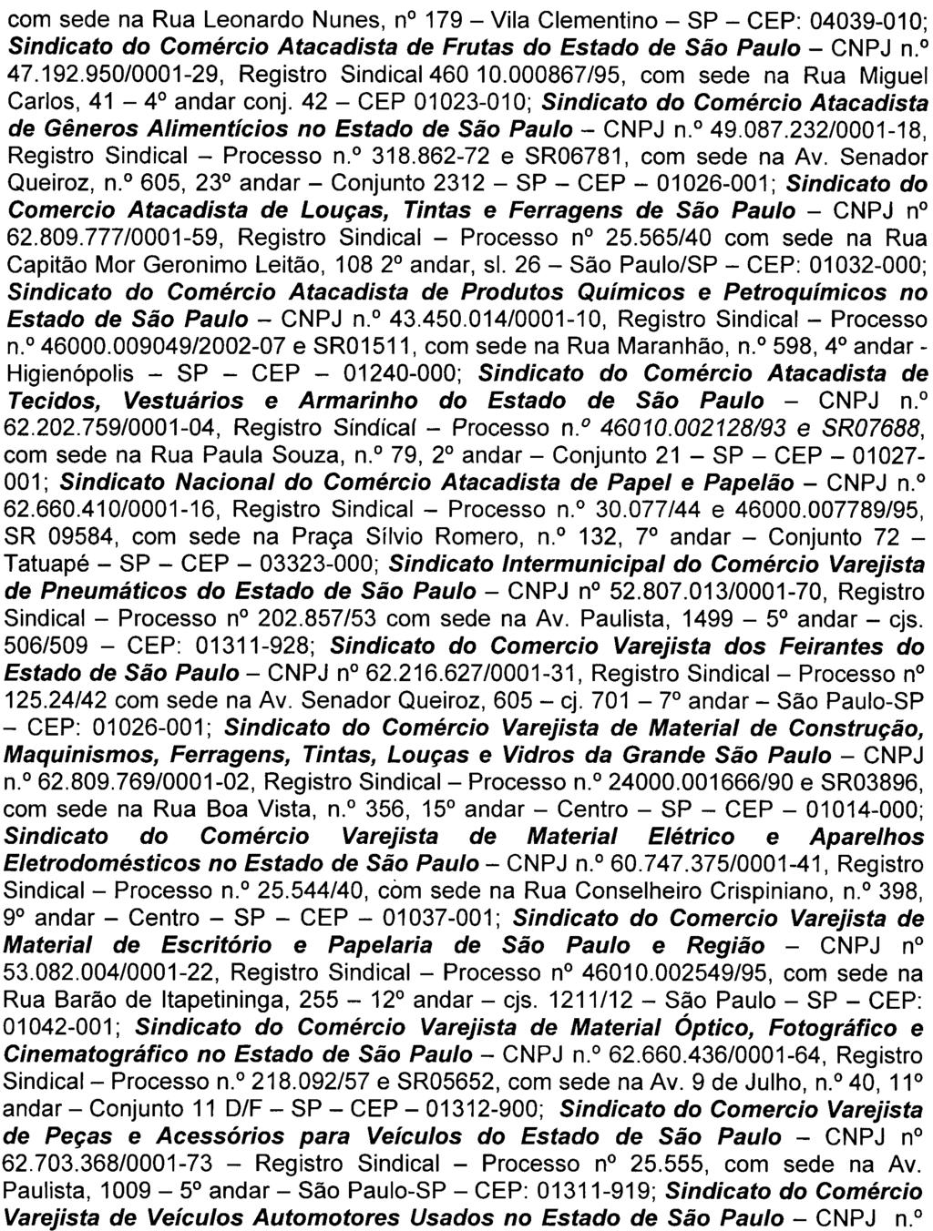 com sede na Rua Leonardo Nunes, n 179- Vila Clementino -SP -CEP: 04039-010; Sindicato do Comércio Atacadista de Frutas do Estado de São Paulo -CNPJ n.o 47.192.950/0001-29, Registro Sindical 460 10.