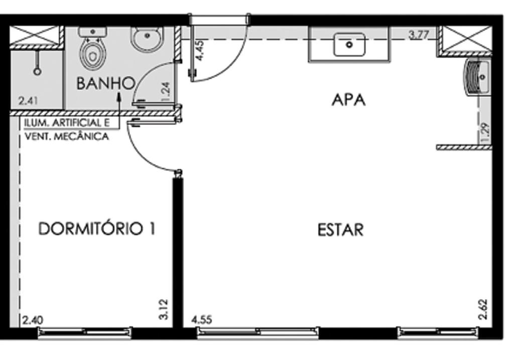 Smartap 33,95 m 2 Opção Sala Ampliada 3.77 DORMITÓRIO 1 ESTAR 4.45 2.41 BANHO 1.24 APA ILUM. ARTIFICIAL E VENT.