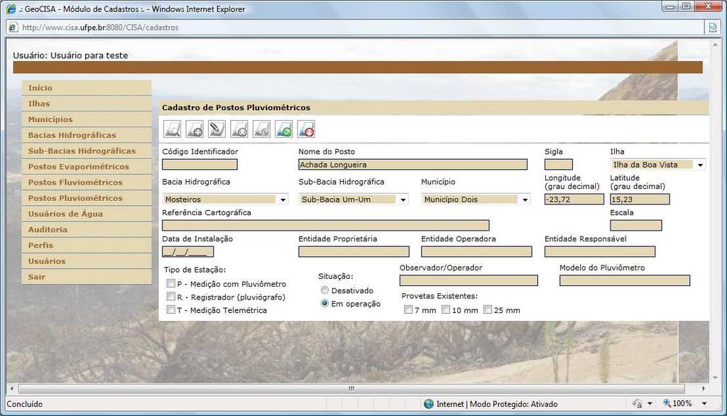 Figura : Editar dados de postos pluviométricos 3.2.12. Pan e zoom Existem duas forma de efetuar o pan no SIGWeb. A mais simples é arrastar o mapa com o mouse.