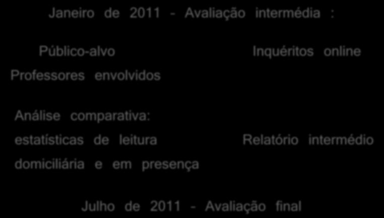 Avaliação Janeiro de 2011 Avaliação intermédia : Público-alvo Professores envolvidos Inquéritos online Análise