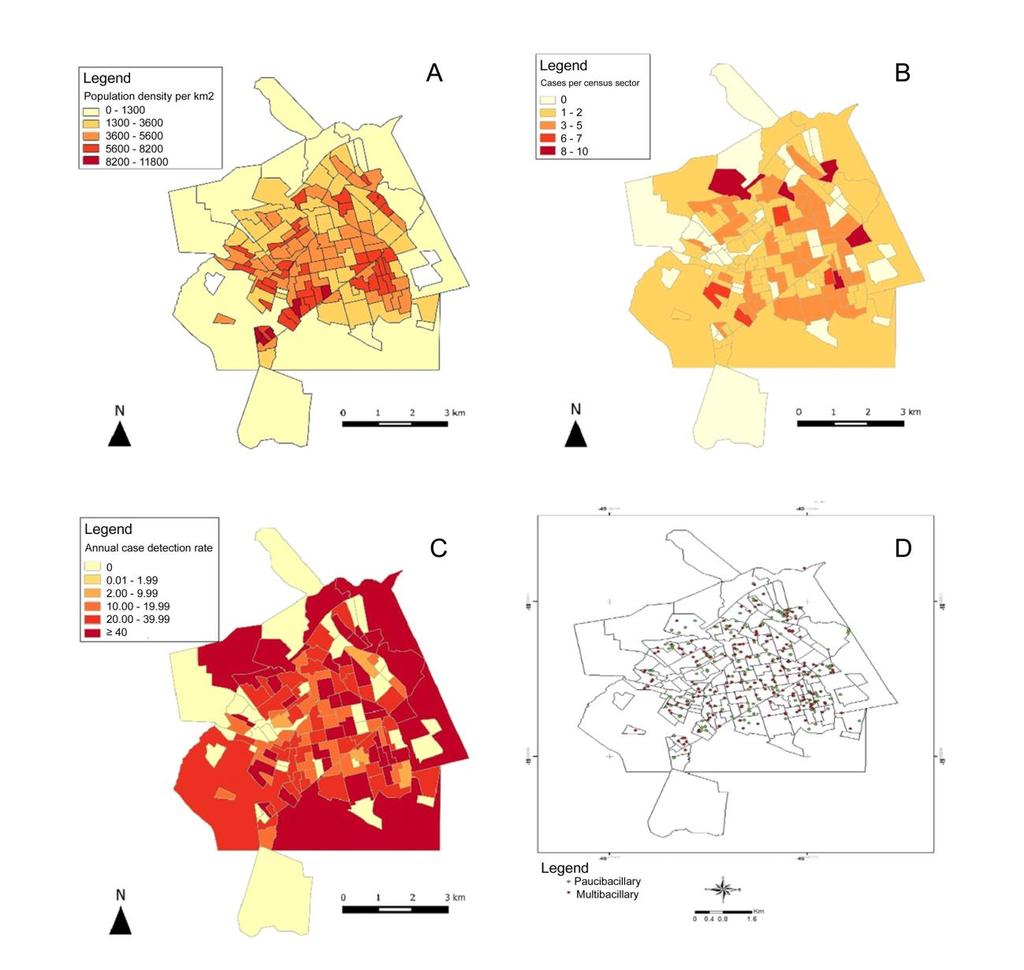 The population density map demonstrated the spatial distribution of the population within the city urban area and were identified neighborhoods that had higher populational density (Natal, Jerônimo