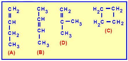 34 Observando-se os compostos abaixo, podemos afirmar que: I. (A) apresenta isomeria de cadeia com (C). II. (B) apresenta dois isômeros geométricos. III. (A) apresenta isomeria de posição com (B). IV.