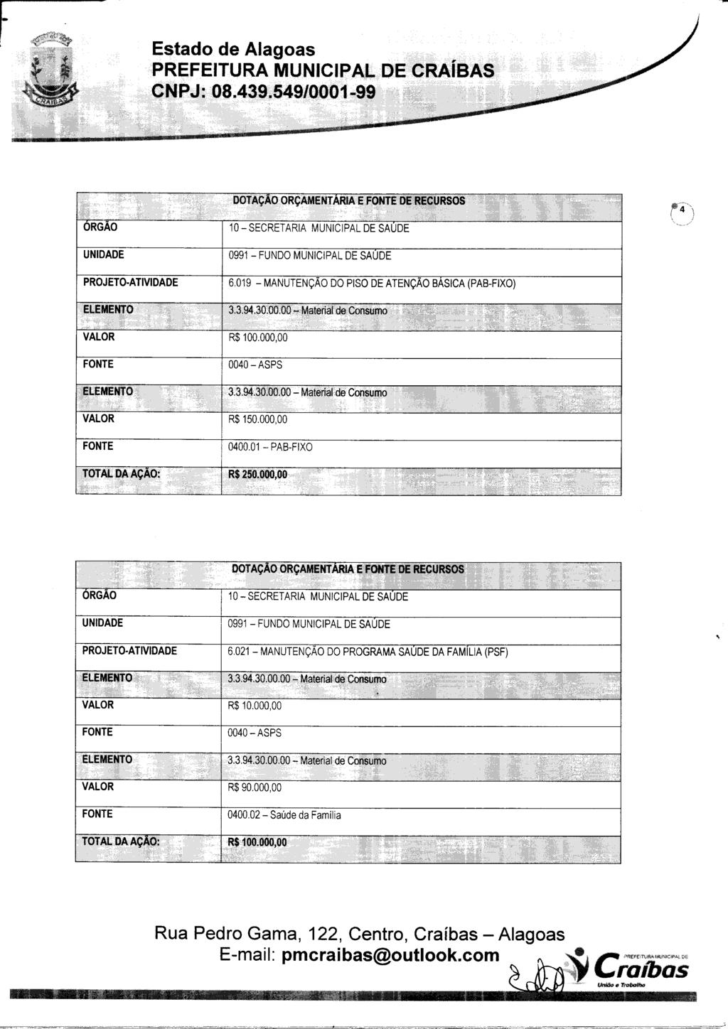 DOTAÇÃO ORÇAMENTÁRIA É DÈ RECURSOS ÓRGÃO 6,019 - MANUTENÇÃO DO PISO DE ATENÇÃO BÁSICA (PAB-FIXO) 3.3.94 JO.OOM*? Material de Consumo VALOR R$ 100.000,00 3.3.94.30.00.00 - Malerial de Consumo VALOR R$ 150.