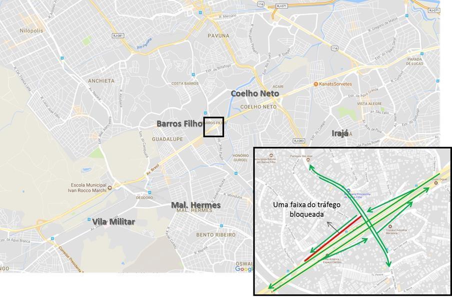 Durante a interdição, os veículos que seguem pela pista lateral da Avenida Brasil são desviados pelo bairro de São Cristóvão.