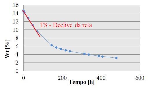 A curva de secagem relaciona o teor de água (em ordenadas),com o tempo de ensaio (em abcissas). O teor em água, W t [%], é determinado através da seguinte equação: Equação 3.
