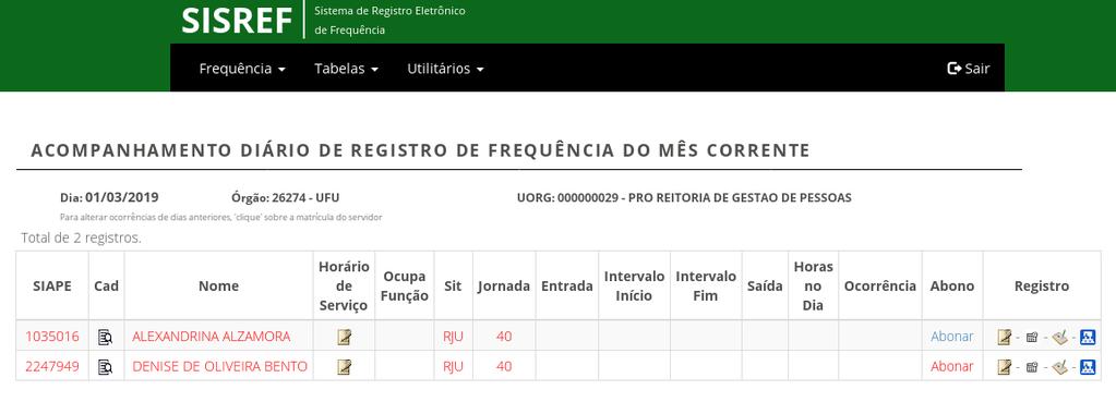 8. Frequência - Acompanhar no SISREF UFU Para cada Servidor estão disponíveis botões para: a) Registro de Frequência (SIAPE); b)