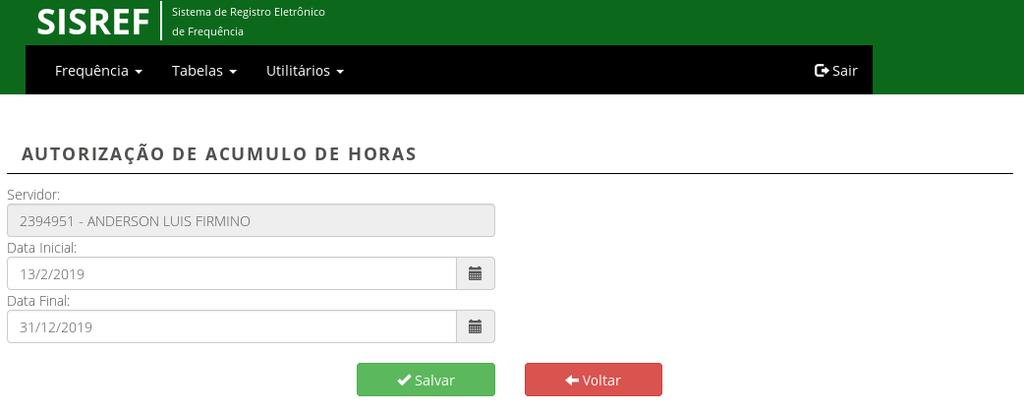 10. Frequência - Banco de Horas no SISREF UFU Ao selecionar o botão Acões para um dado Sevidor, o SISREF exibe a tela de