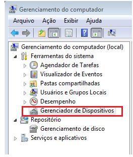 Será aberta a janela de Gerenciamento do Computador, nessa janela, basta selecionar a opção de Gerenciador de Dispositivos que fica na aba do lado esquerdo da janela Agora, basta verificar qual porta