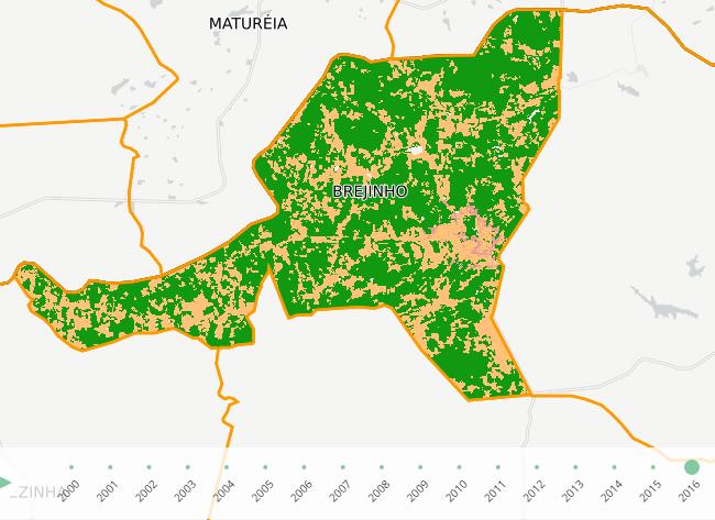 TABELA 1 ÁREA DO SOLO DE BREJINHO EM ha. Fonte: MapBiomas (2017) BREJINHO Classes 2000 2001 2002 2003 2004 2005 2006 2007 2008 1 Floresta 7.595,27 ha 3.675,00 ha 5.740,85 ha 7.572,65 ha 6.662,27 ha 6.