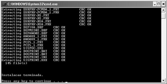 Se não souber a senha, contacte-nos (289 899 620). Fig. n. 2 Depois de colocar a senha correcta e se todos os passos tiverem sido executados correctamente, vai surgir uma janela, em ambiente MS-DOS, que indica o sucesso da instalação (ver Fig.