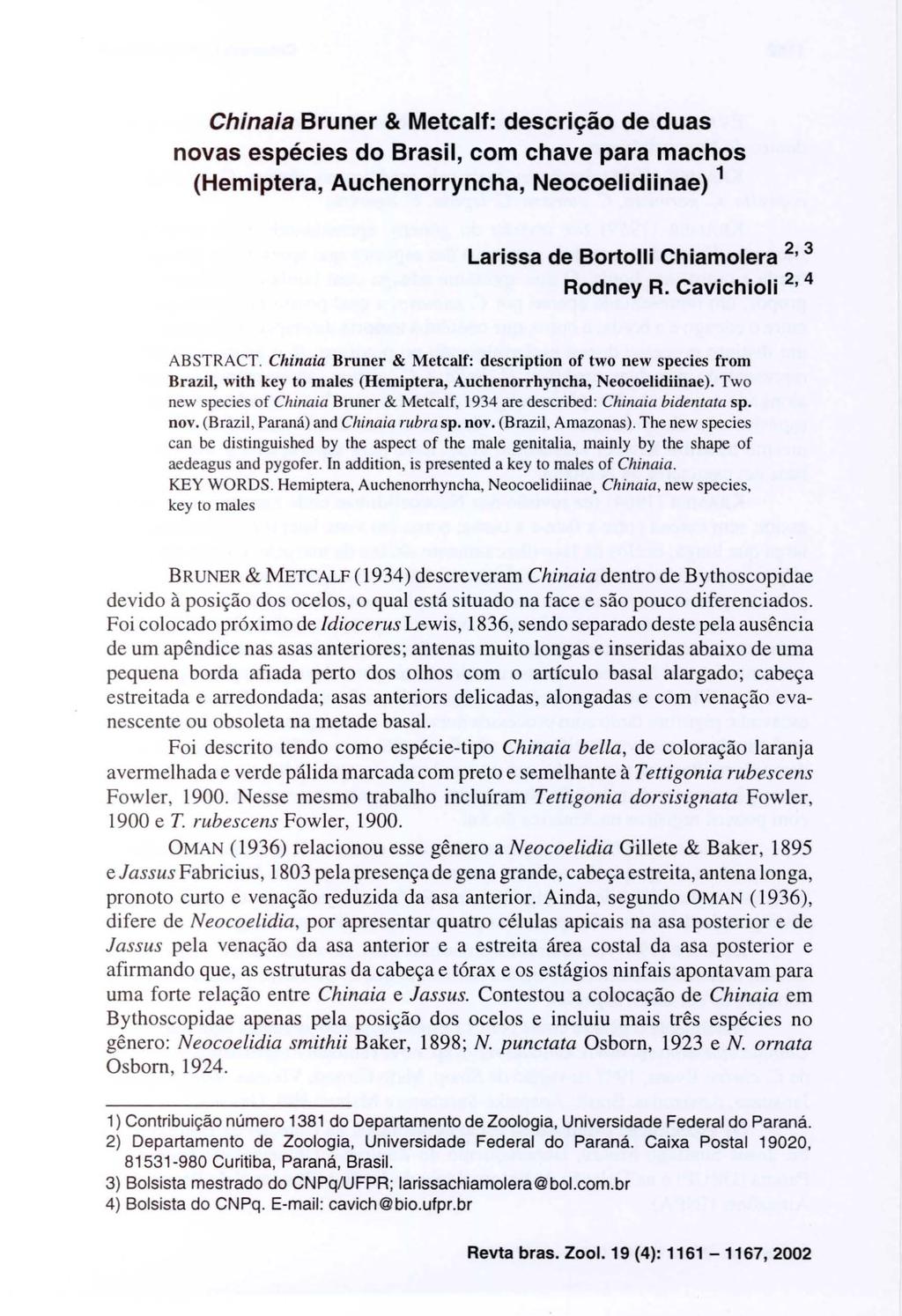Chinaia Bruner & Metcalf: descrição de duas novas espécies do Brasil, com chave para machos (Hemiptera, Auchenorryncha, Neocoelidiinae) 1 Larissa de Bortolli Chiamolera 2, 3 Rodney R.