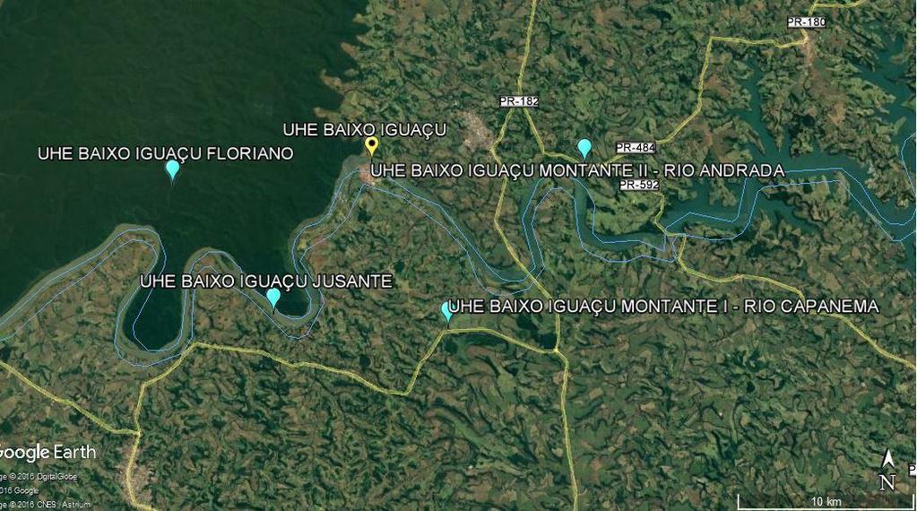 7.1. Distribuição da rede hidrométrico da UHE BAIXO IGUAÇU Figura 2 Localização da rede hidrométrica da UHE Baixo Iguaçu Abaixo segue a relação das estações fluviométricas, disponíveis no Hidroweb,