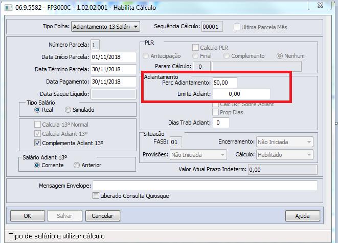 Percentual Adiantamento - Este campo indica o percentual para o cálculo do adiantamento, tanto para o adiantamento quinzenal quanto para o adiantamento de 13º salário.