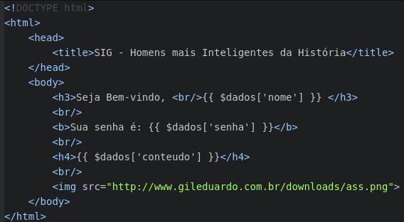 Exemplo: (Estrutura da view: mailimportar.blade.php) A estrutura visual do e- mail é definida dentro de uma view, utilizando o formato HTML.