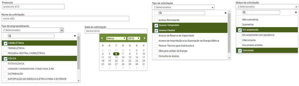 Pesquisando uma solicitação Os campos Tipo de solicitação, Status da solicitação e Tipo de empreendimento são de seleção múltipla.