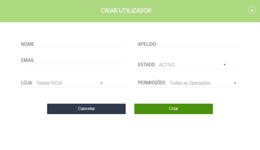 Loja. 5.1 CRIAR UTILIZADOR Os dados necessários para criação do utilizador são: Nome, Email, Estado, Permissões e Figura 10 - Criar Utilizador 5.