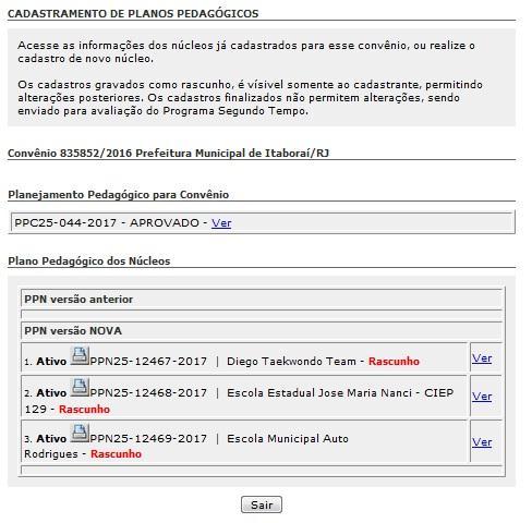 Cadastro/acompanhamento de PPN 1. O SiCAPP expõe o registro histórico do PPC e dos PPNs do Convênio. Os PPNs estão agrupados conforme o formulário utilizado na época de cadastro.