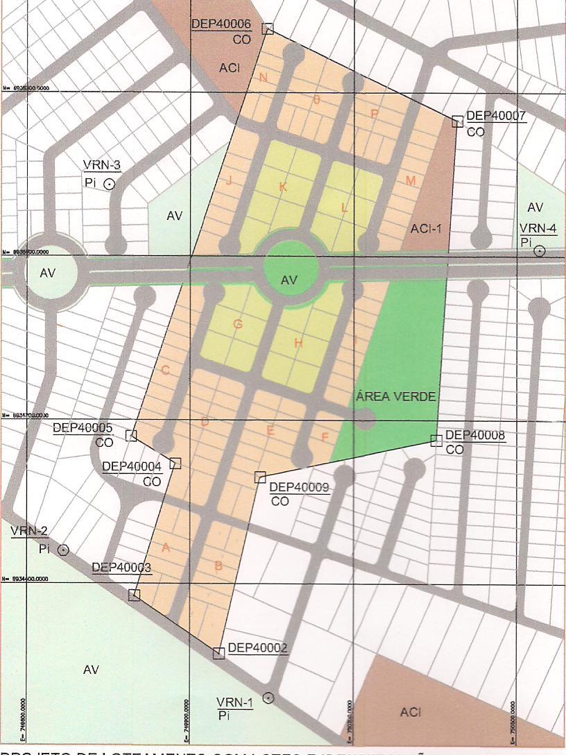 Figura 12 Projeto aprovado com os pontos limites legais da gleba e a localização dos pontos da RRCM em seu entorno Para a implantação do parcelamento do solo urbano, o profissional habilitado e