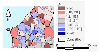 Da análise da taxa de crescimento por freguesia, Figura 5, verifica-se que no concelho de CR, a generalidade das freguesias adjacentes à lagoa, ganharam população na década de 90, à excepção da