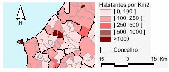 Cruzando esta informação com a densidade populacional apresentada na Figura 6, verifica-se ainda que o concelho de CR apresenta uma maior densidade populacional, sobretudo nas freguesias contíguas