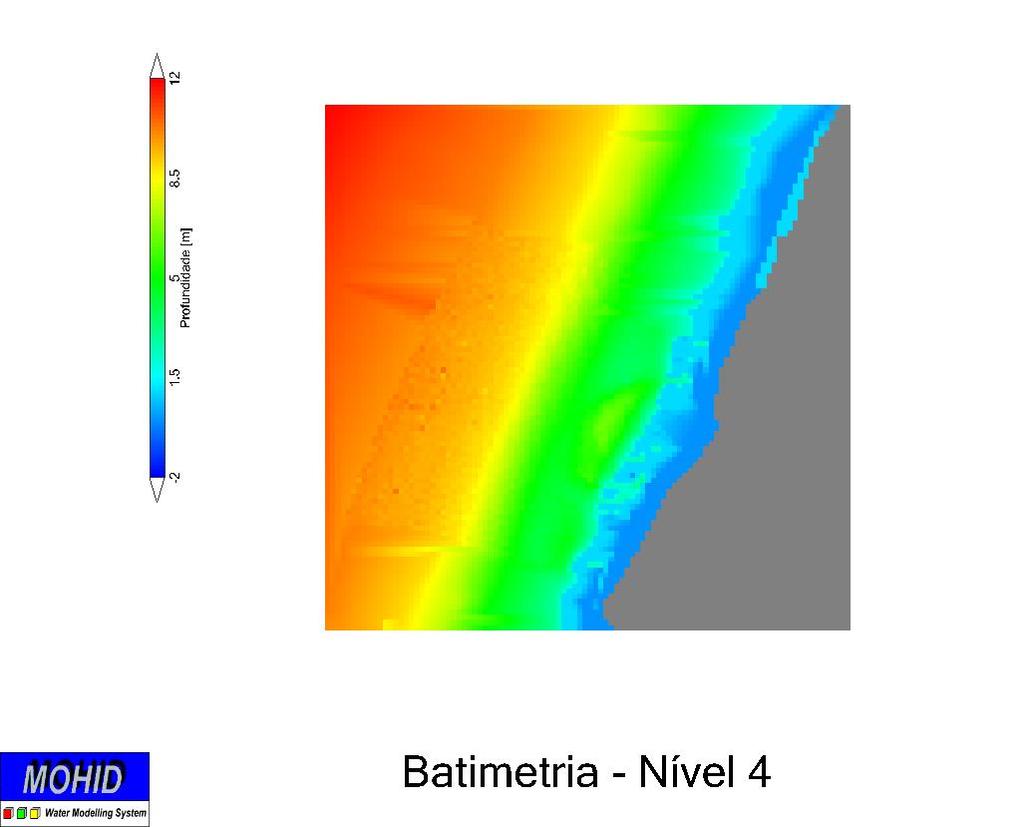 Figura 56 Batimetria do sub-modelo nível 4 Apresentam-se na Figura 57 campos de velocidades sobrepostos obtidos em diferentes níveis (2, 3 e 4) com o objectivo de ilustrar a capacidade do sistema de