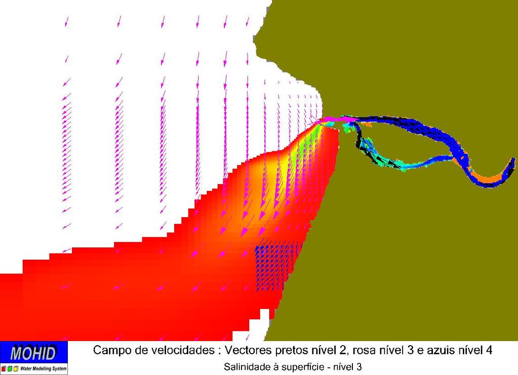 Figura 57 - Campo de velocidades à superfície resultante de uma situação de vento Norte persistente e o rio Mondego com um caudal constante de 2 m 3 /s.