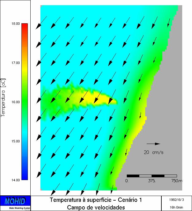 a) b) c) Figura 77: Temperatura à superfície para um cenário de vento Norte situação de vazante: a)