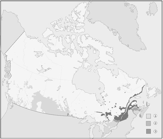 QUESTÃO 9 - Observe o mapa que traz como terma a distribuição demográfica do Canadá Uma das características marcantes do Canadá é a desproporção entre sua população e o tamanho do território, o maior