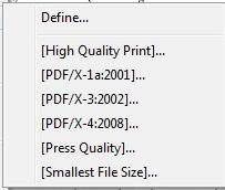 Fechamento de arquivo (Gerando PDF) High Quality Print Cria PDFs para impressão de qualidade em impressoras de mesa e dispositivos de prova. Essa pré-definição usa o PDF 1.