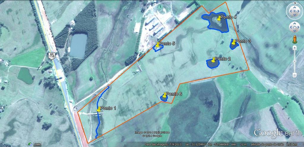 Figura 1 Delimitação da área particular na qual foi desenvolvido o estudo ictiofaunístico. Na imagem são apresentados os pontos amostrados e os corpos hídricos localizados dentro da área de estudo.