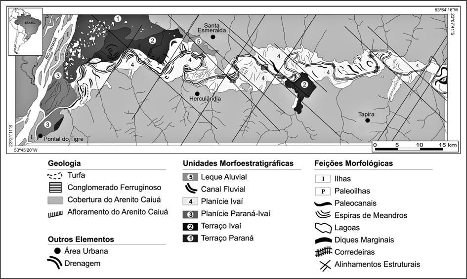 Figura 1: Mapa de localização da área de estudo com a planície aluvial do rio Ivaí compartimentada em unidades morfoestratigráficas. Fonte: Santos, M. L. et al. (2008).