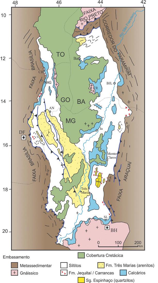 Figura 11 - Mapa geológico simplificado da Bacia do São Francisco. Segundo Dardenne (2000) e Schobbenhaus et al. (1984). Localidades geográficas.