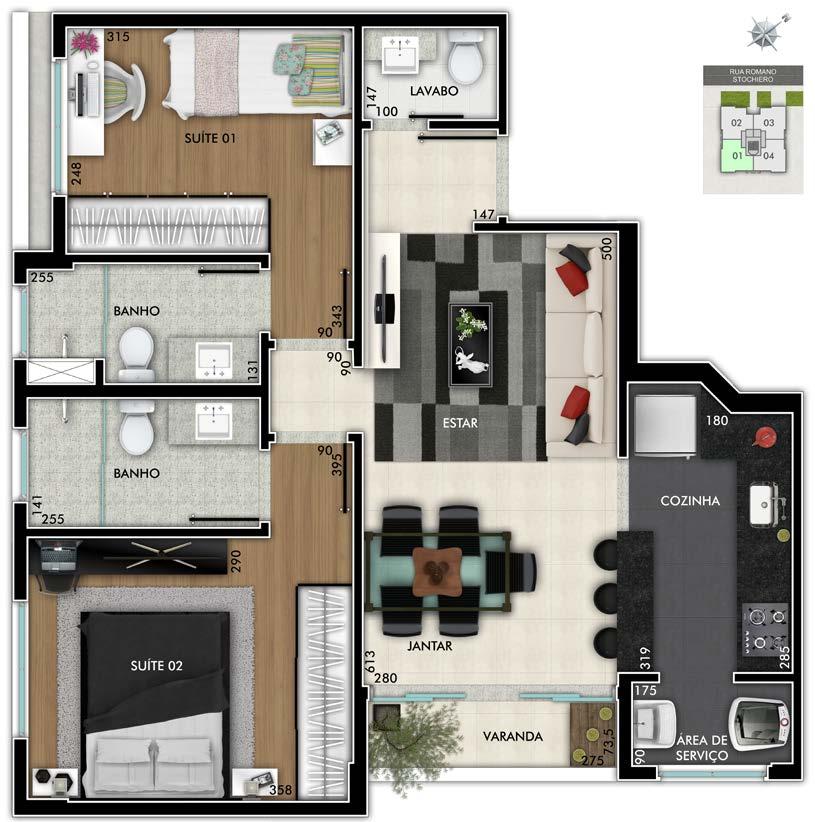 Planta Apartamento tipo 2 suítes Apartamentos final 01 e 04-63,70m